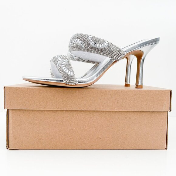 Steve Madden Baton Rhinestone Silver Mules Sandals Heels - Picture 14 of 14